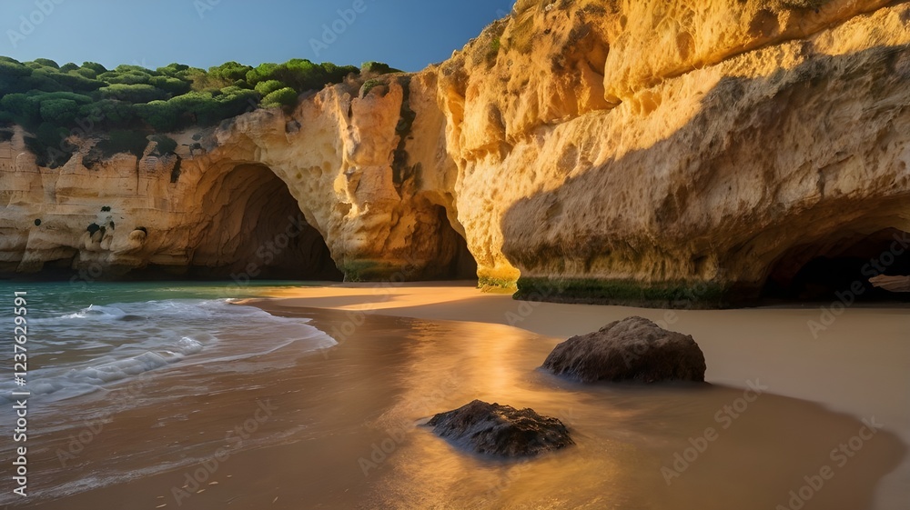 Obraz premium Golden light illuminates the dramatic limestone caves and rock formations along Portugal’s Algarve coast. 