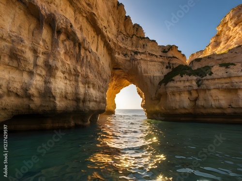 Golden light illuminates the dramatic limestone caves and rock formations along Portugal’s Algarve coast.

