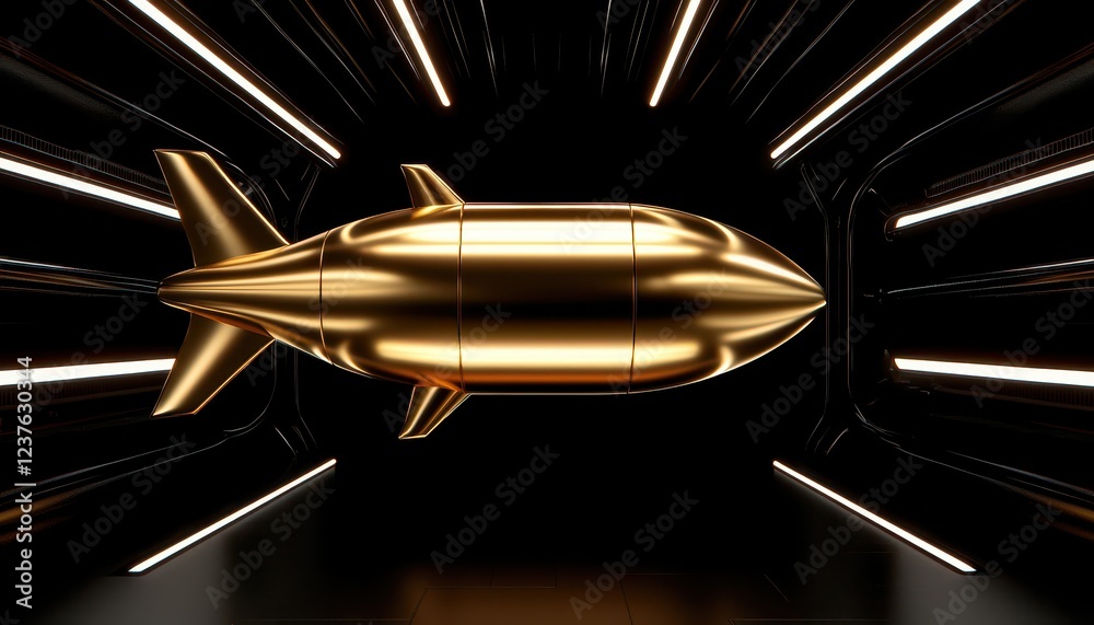 A sleek golden spaceship design in a futuristic tunnel with glowing lines, emphasizing innovation and progress. A sleek golden spaceship design in a futuristic tunnel with glowing lines, emphasizing innovation and progress.
