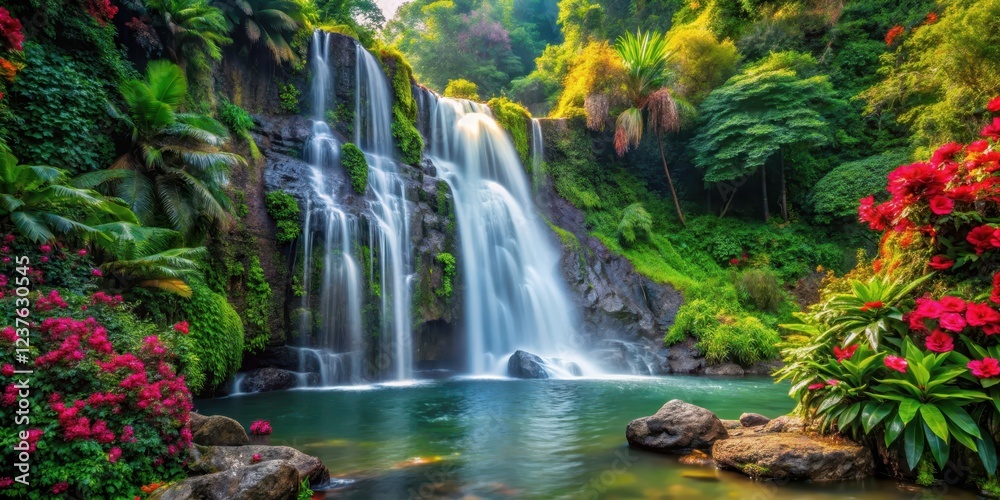Waterfall cascading down a rocky cliff amidst dense green foliage and colorful tropical flowers, waterfall, nature Waterfall cascading down a rocky cliff amidst dense green foliage and colorful tropical flowers, waterfall, nature