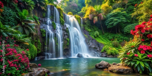 Waterfall cascading down a rocky cliff amidst dense green foliage and colorful tropical flowers, waterfall, nature