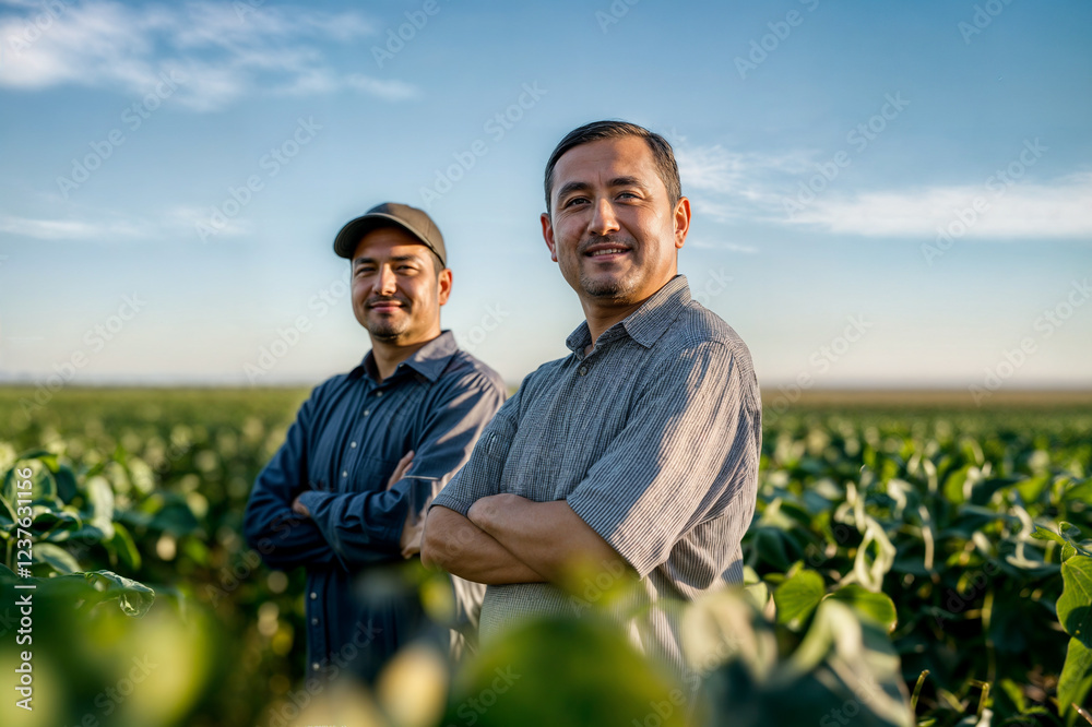 Two Farmers Standing Confidently in Green Field under Clear Sky