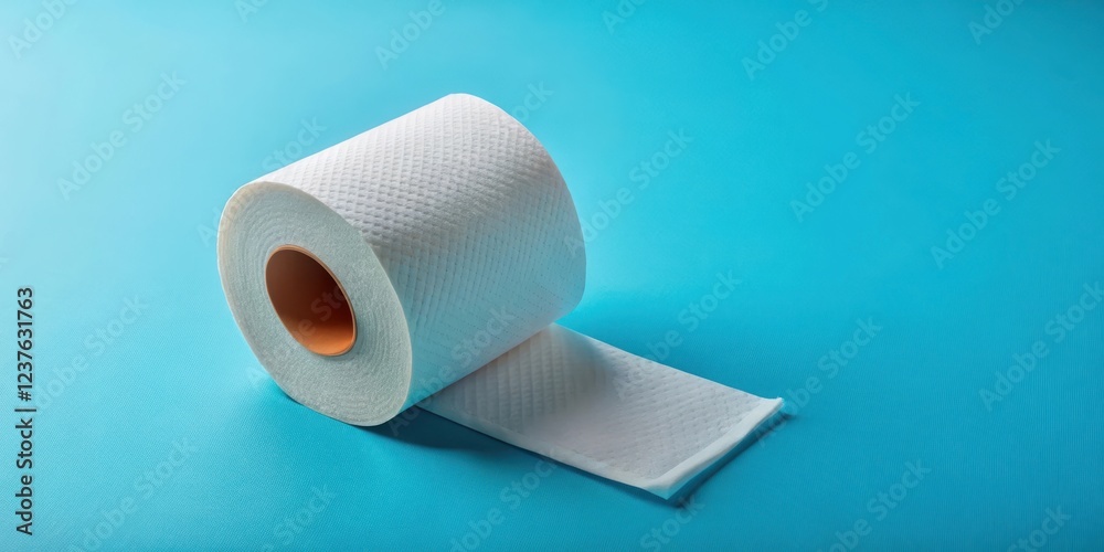 Obraz premium A single roll of toilet paper unrolled on a blue background, household items
