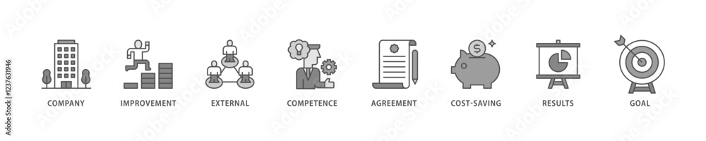 Outsourcing icon set flow process which consists of company, improvement, external, competence, agreement, cost-saving, and recruitment icon live stroke and easy to edit . Outsourcing icon set flow process which consists of company, improvement, external, competence, agreement, cost-saving, and recruitment icon live stroke and easy to edit .