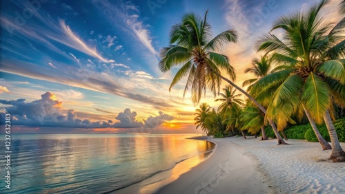 A scenic view of a palm tree-lined beach at sunset on a serene island with crystal-clear waters and powdery white sand