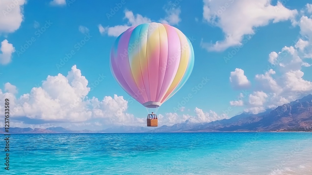 Pastel Hot Air Balloon Soaring Over Azure Ocean Pastel Hot Air Balloon Soaring Over Azure Ocean