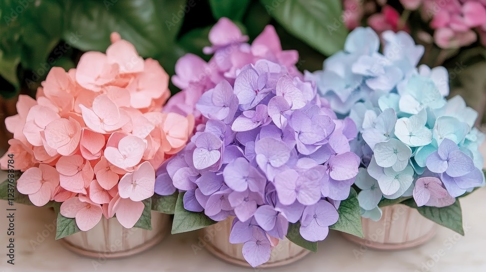 Obraz premium Pastel Hydrangeas in Decorative Pots A Delightful Display