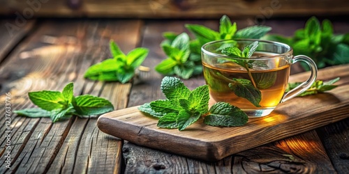 A delicate tea blend with fresh mint leaves scattered on a rustic wooden palette, evoking a sense of serenity and tranquility in nature , calmingatmosphere, freshmint photo