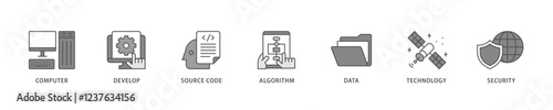 Programming icon set flow process which consists of computer, develop, source code, algorithm, data, technology and security icon live stroke and easy to edit .