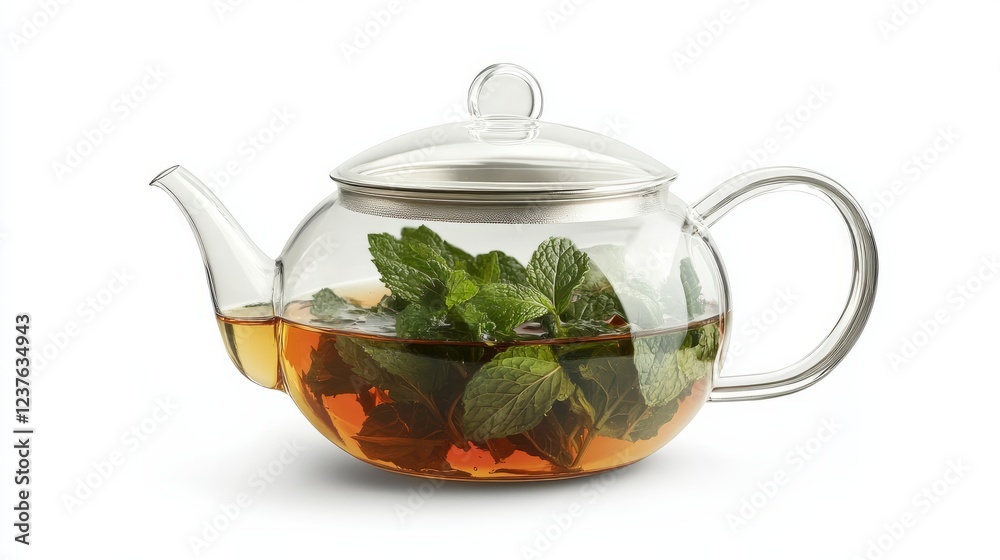 A glass teapot filled with warm mint tea, isolated on a white background. A glass teapot filled with warm mint tea, isolated on a white background.