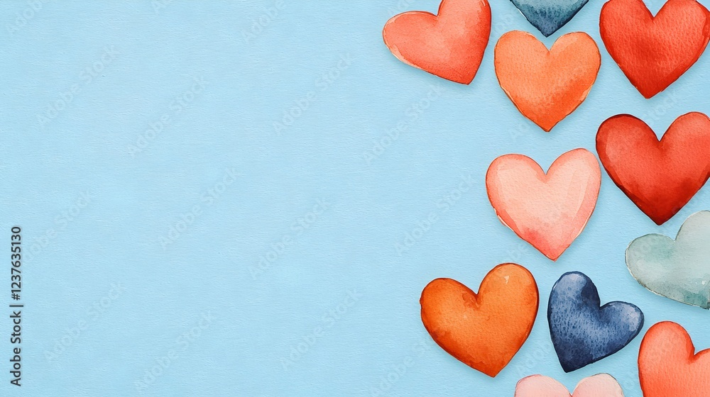 Fototapeta premium Colorful Watercolor Hearts on Light Blue Background for Design Use