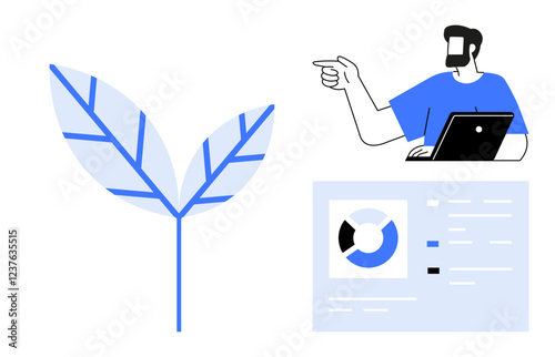 Person pointing while working on laptop, leaf with blue veins, and data chart. Ideal for environmental planning, business strategy, data analysis, sustainable development, teamwork, eco-friendly