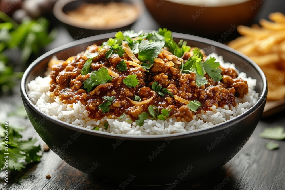 Spicy minced meat curry on rice Spicy minced meat curry on rice