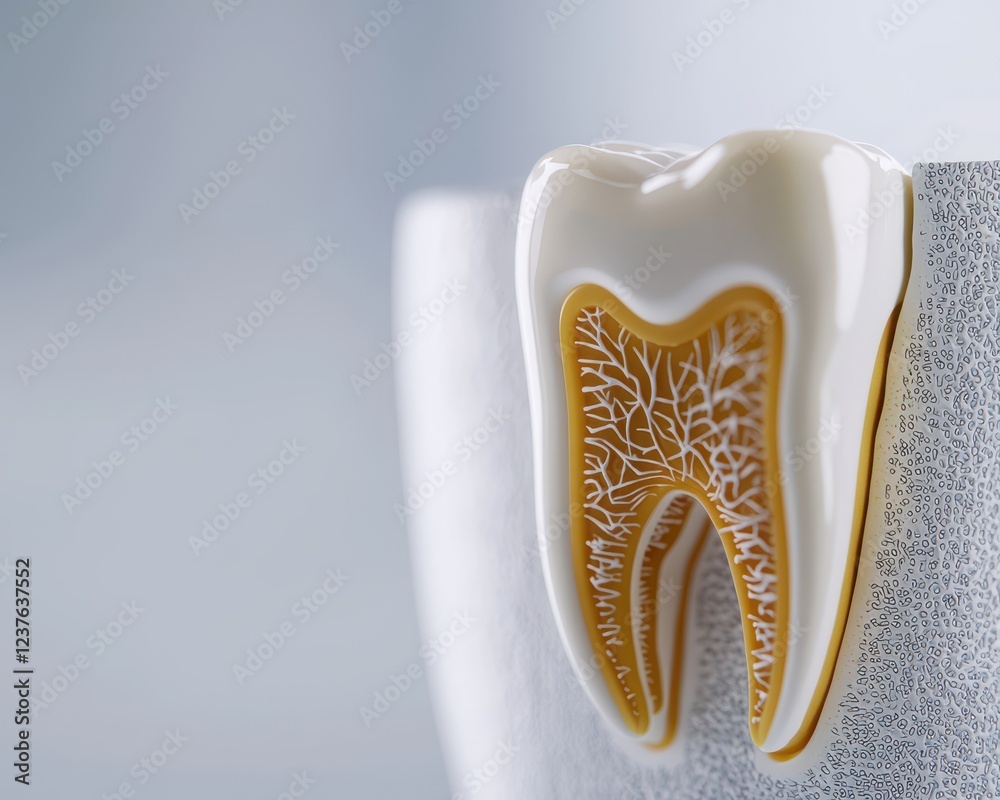 Detailed close-up of a realistic tooth model showcasing its anatomical structure and root system. Detailed close-up of a realistic tooth model showcasing its anatomical structure and root system.