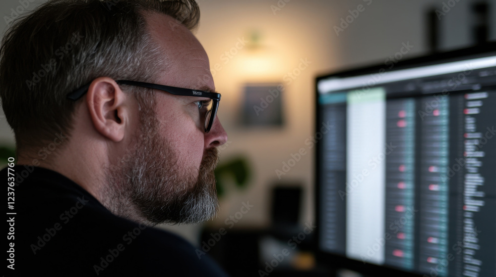 Man with glasses focused on computer screen, analyzing data in modern workspace, showcasing concentration and professionalism Man with glasses focused on computer screen, analyzing data in modern workspace, showcasing concentration and professionalism