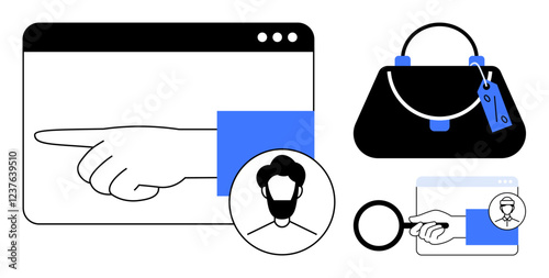 Man pointing inside browser window, handbag with price tag, and user profile with magnifying glass. Ideal for online shopping, e-commerce, product search, user profiles, digital marketing, website