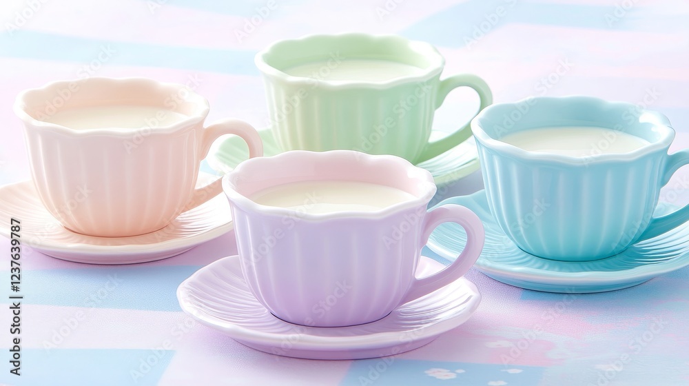 Fototapeta premium Pastel Teacups Filled with Milk on a Soft Background