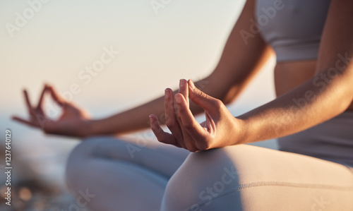 Konstfotografi Woman, hands or lotus pose meditation on sunset beach, ocean or sea in mental health, mind training or chakra balance