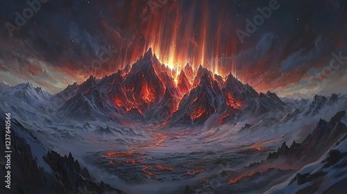 Fiery volcanic mountain range erupting at night, fantasy landscape