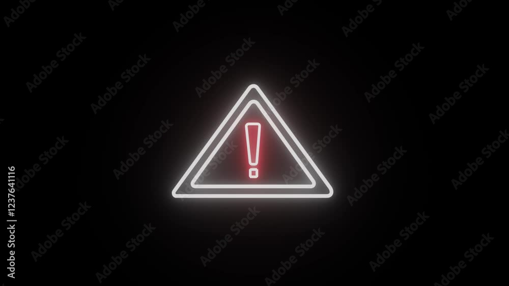 Glowing white neon blinking warning triangle sign animation. Warning or error message alert symbol on black background. Glowing white neon blinking warning triangle sign animation. Warning or error message alert symbol on black background.