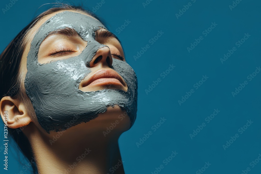 Young woman wearing a clay facial mask in front of a blue backdrop Young woman wearing a clay facial mask in front of a blue backdrop
