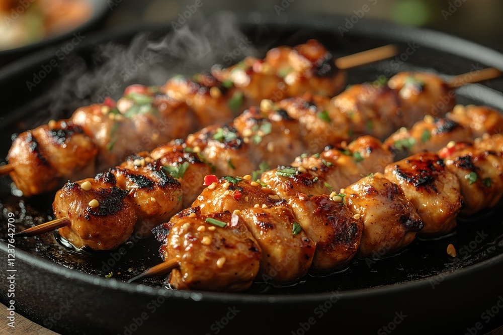 Grilled chicken skewers, sizzling pan, herbs, kitchen Grilled chicken skewers, sizzling pan, herbs, kitchen