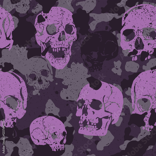 Seamless black and purple grunge vector camouflage pattern with human skulls incorporated