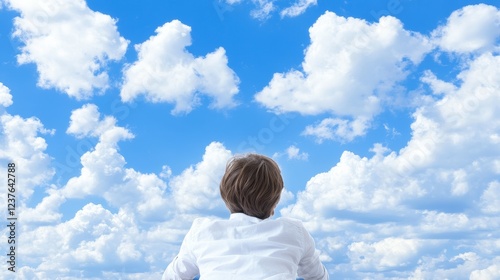 Person Gazing at Serene Blue Sky with Clouds