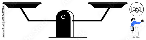 Balance scale with a businesswoman holding documents and handshake symbols. Ideal for themes of fairness, equality, business negotiation, justice, partnership, decision making, comparison. Abstract