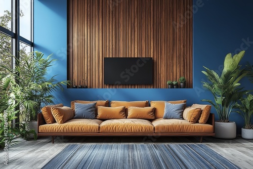 Minimalist living room with blue wall, wooden slats, and TV mockup, modern interior design concept.