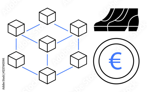 Network of interconnected cubes, euro currency symbol within a circle, and abstract steps representing currency or financial transactions. Ideal for blockchain technology, digital currency, finance