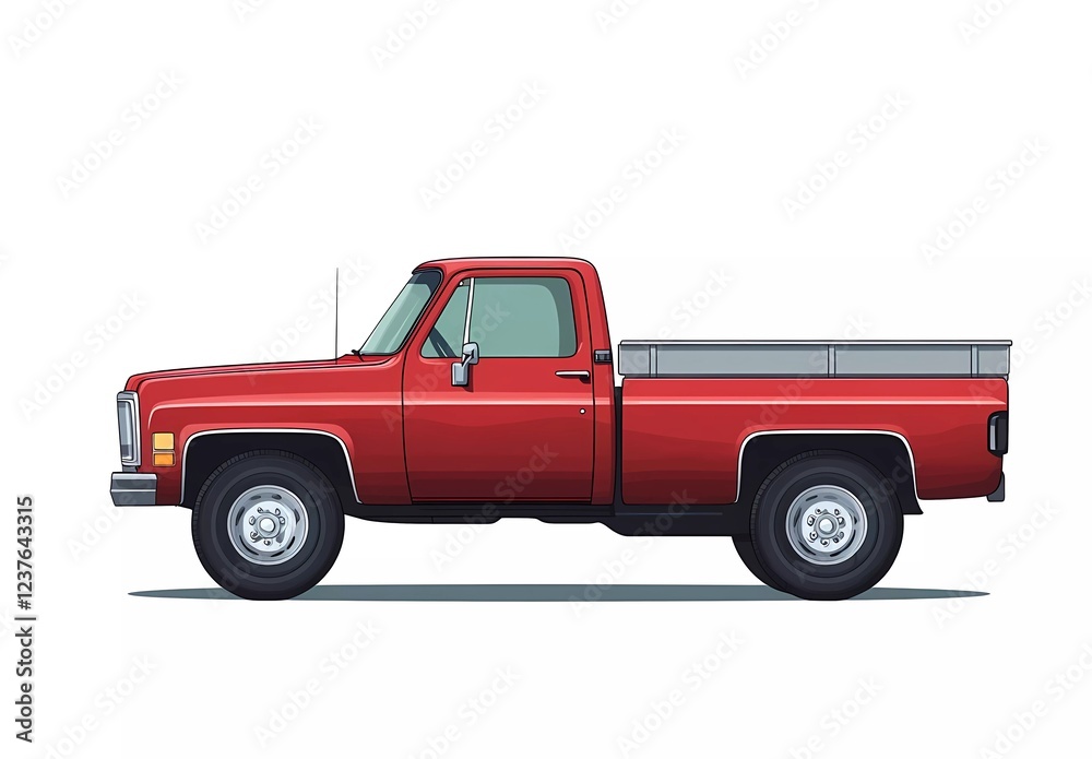 A minimalistic, flat vector illustration by Vince Roosevelt depicting a red truck with a gray cargo box on a white background, in a simple, minimalistic style A minimalistic, flat vector illustration by Vince Roosevelt depicting a red truck with a gray cargo box on a white background, in a simple, minimalistic style