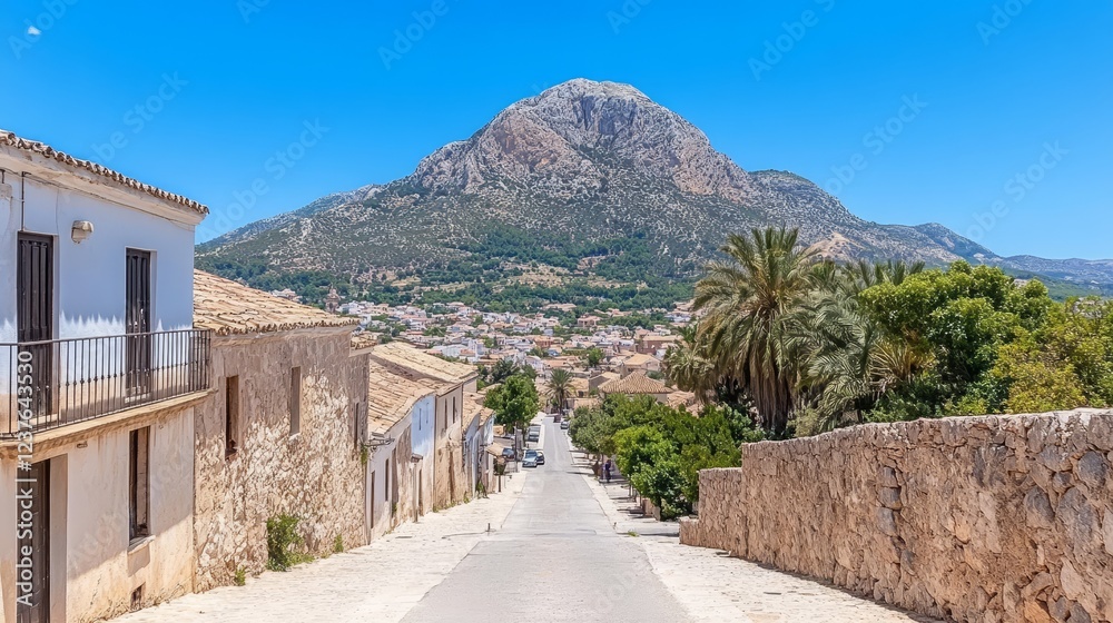 Fototapeta premium Picturesque Hilltop Village Street Scene, Sunny Day