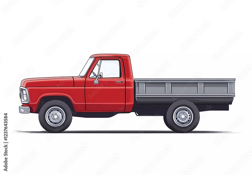 A red truck with a gray cargo box on the side, a simple flat vector illustration style, on a white background, with a minimalist design A red truck with a gray cargo box on the side, a simple flat vector illustration style, on a white background, with a minimalist design