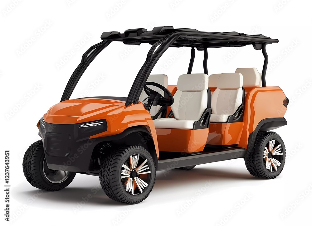 An orange golf cart with a black roof and white seats on an isolated background. An orange golf cart with a black roof and white seats on an isolated background.