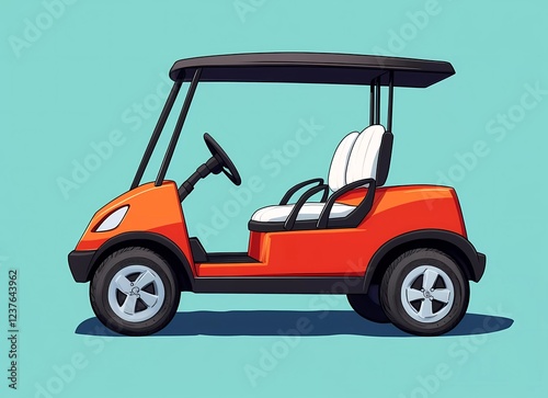 An orange golf cart with a black roof and white seats on an isolated background. photo