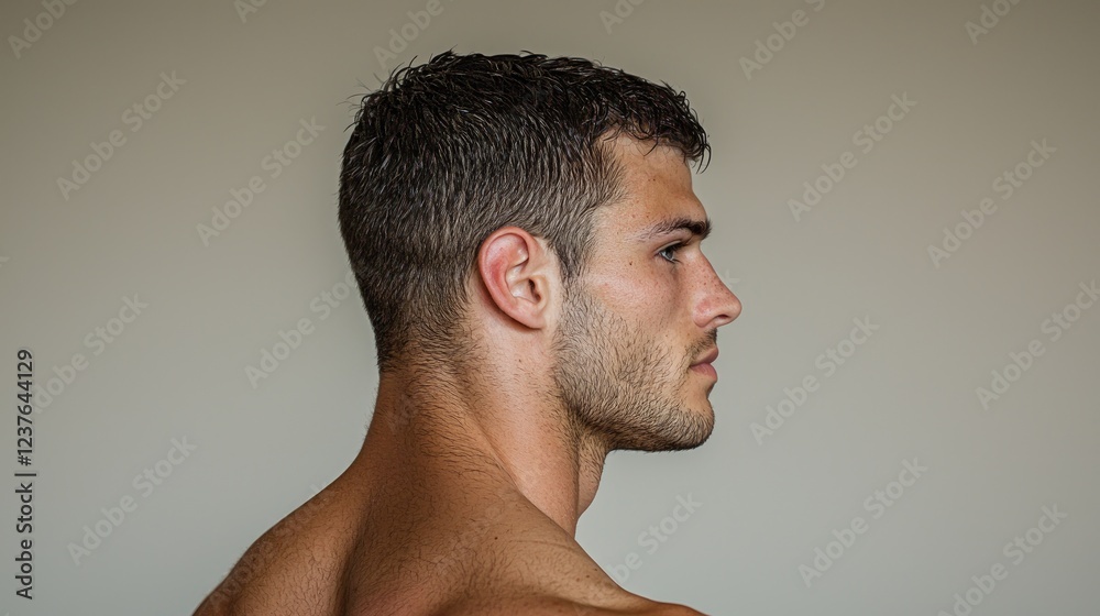 Fototapeta premium Muscular man profile, neutral background, studio portrait, fitness model