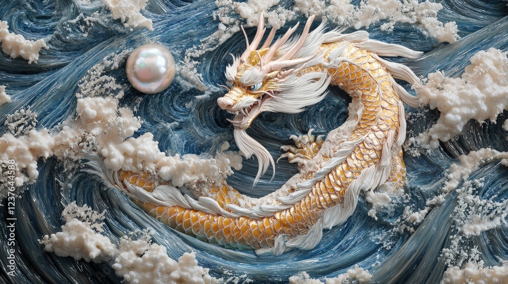Obraz premium Dragon's Pearl: A mythical white dragon with golden scales, its powerful form sculpted in intricate detail, surges through a tumultuous blue ocean, its eyes fixed on a luminous pearl.