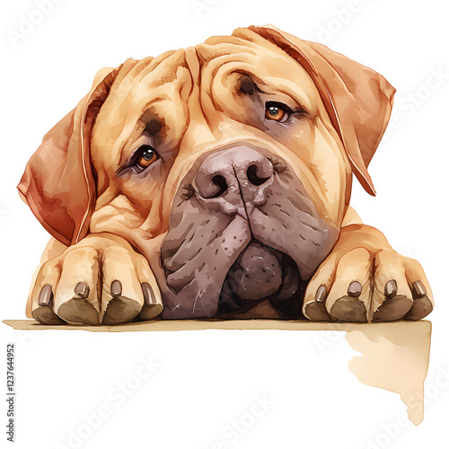 Adorable fawn-colored Boerboel puppy resting its head on a surface. Sweet, soulful eyes and soft fur.