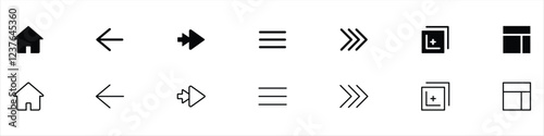 Home, Back, Forward, Hamburger Menu, Breadcrumb, Tab, Sidebar, Navigation Icons set. Minimalistic, Flat Design, Line Icons. Essential Icons and Trending Styles for Mobile Apps, Websites, and Software.