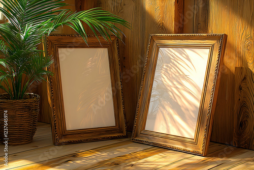 Empty frames, wooden wall, plant, sunlit room, mock-up photo