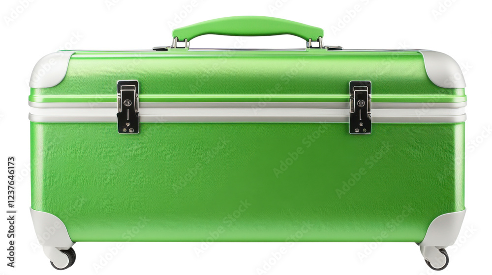 Green suitcase with wheels on transparent background representing travel and vacation Green suitcase with wheels on transparent background representing travel and vacation