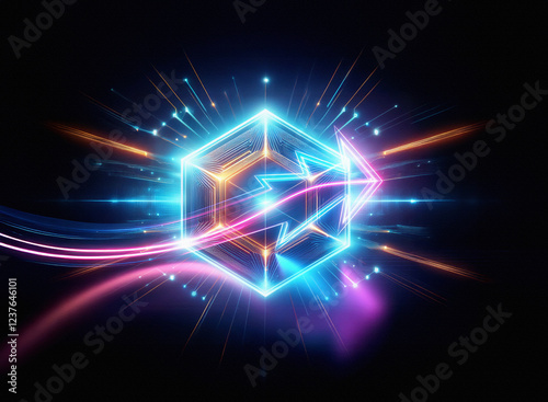 Wallpaper Mural A vibrant double exposure image features a glowing hexagonal prism with an arrow, surrounded by dynamic light trails and sparks against a dark background.  The effect is futuristic and energetic. Torontodigital.ca