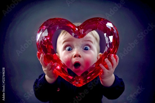 Sign of love. Commercial ad campaign visual design art. Ð¡hildren valentine's day greeting card: toddler boy with amazed face holds red heart in hands. Happy child and heart. Kid holding heart. photo