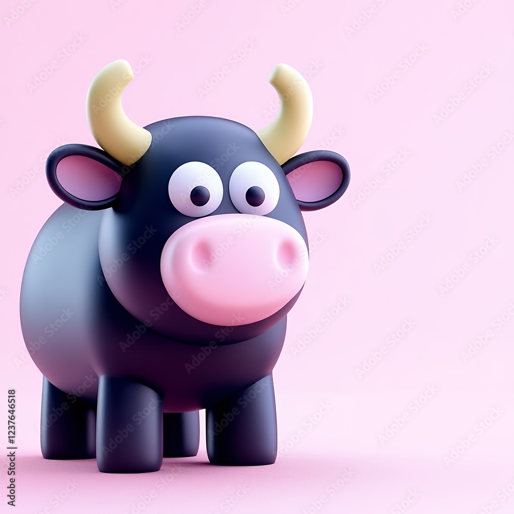 Cute Black Cartoon Bull on Pink Background Cute Black Cartoon Bull on Pink Background