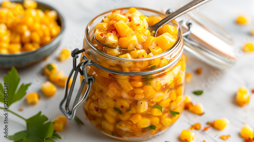 Delicious corn relish in jar, vibrant and tangy with seasoning