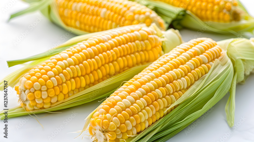 Fresh corn still in its vibrant green husks, showcasing its bright yellow kernels Fresh corn still in its vibrant green husks, showcasing its bright yellow kernels