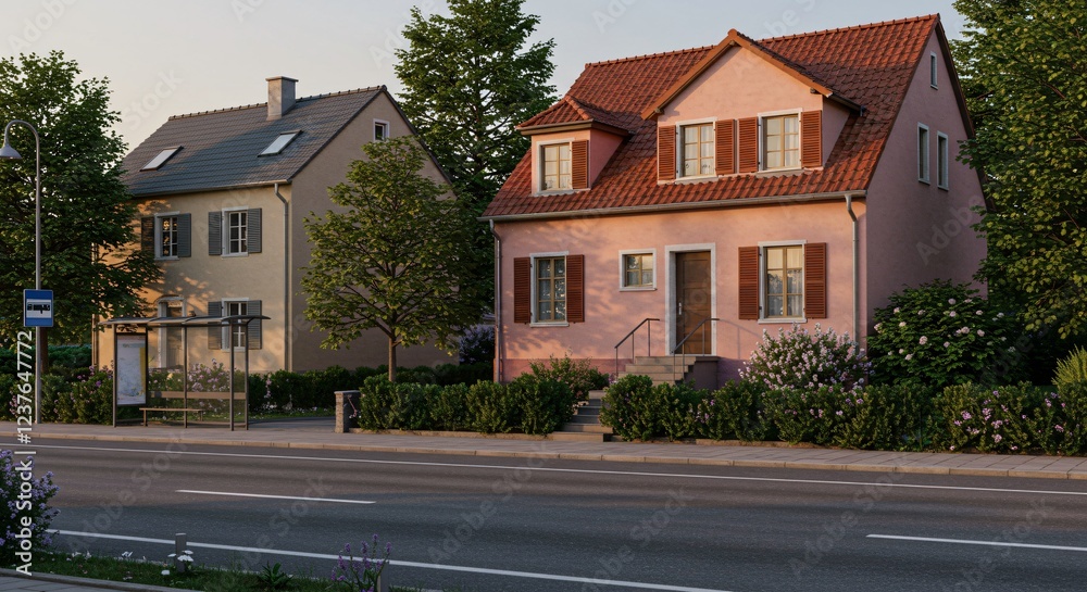 A charming pink house with red roof tiles, wooden shutters, and a lush garden, set along a road with a bus stop, trees, and a peaceful suburban atmosphere in warm sunlight. A charming pink house with red roof tiles, wooden shutters, and a lush garden, set along a road with a bus stop, trees, and a peaceful suburban atmosphere in warm sunlight.