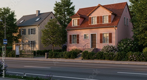 A charming pink house with red roof tiles, wooden shutters, and a lush garden, set along a road with a bus stop, trees, and a peaceful suburban atmosphere in warm sunlight.