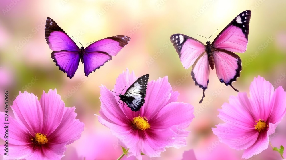 Fototapeta premium Pink Butterflies Dancing Among Cosmos Flowers